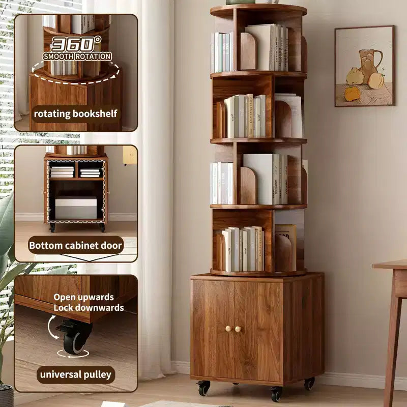 Rotating Bookshelf, 360 Degree Display 5 Tier Corner Bookshelf with Drawer for Small Space, Floor Standing Bookcase Storage Rack Wood Narrow Organizer