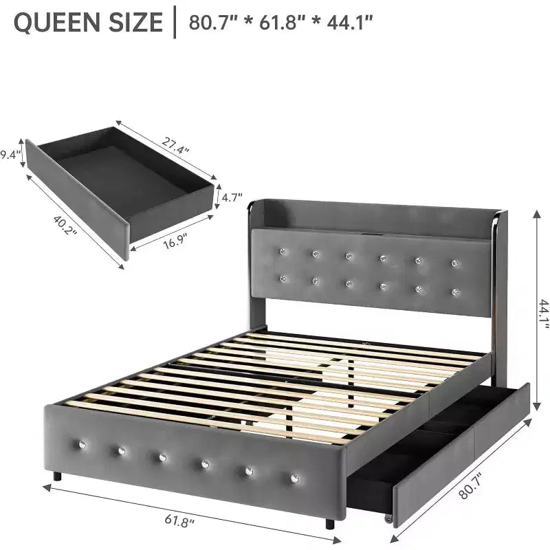 Queen Bed Frame, with Shelves and Charging Station, 4 Storage Drawers, Noiseless Sturdy Wooden Board Support, no Spring Box Required, Grey
