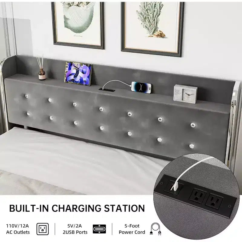Queen Bed Frame, with Shelves and Charging Station, 4 Storage Drawers, Noiseless Sturdy Wooden Board Support, no Spring Box Required, Grey