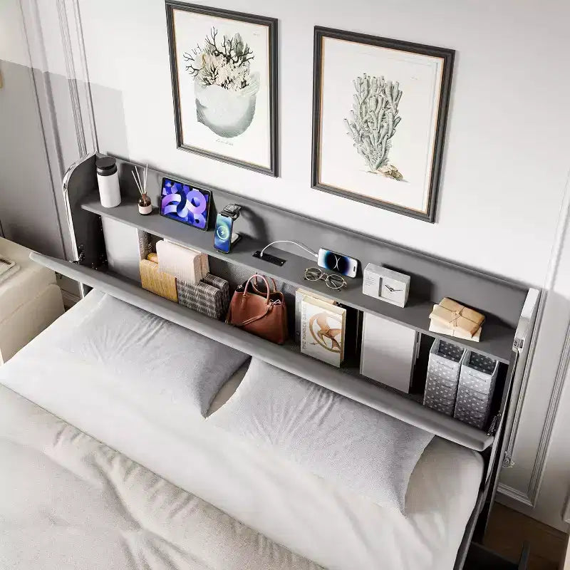 Queen Bed Frame, with Shelves and Charging Station, 4 Storage Drawers, Noiseless Sturdy Wooden Board Support, no Spring Box Required, Grey