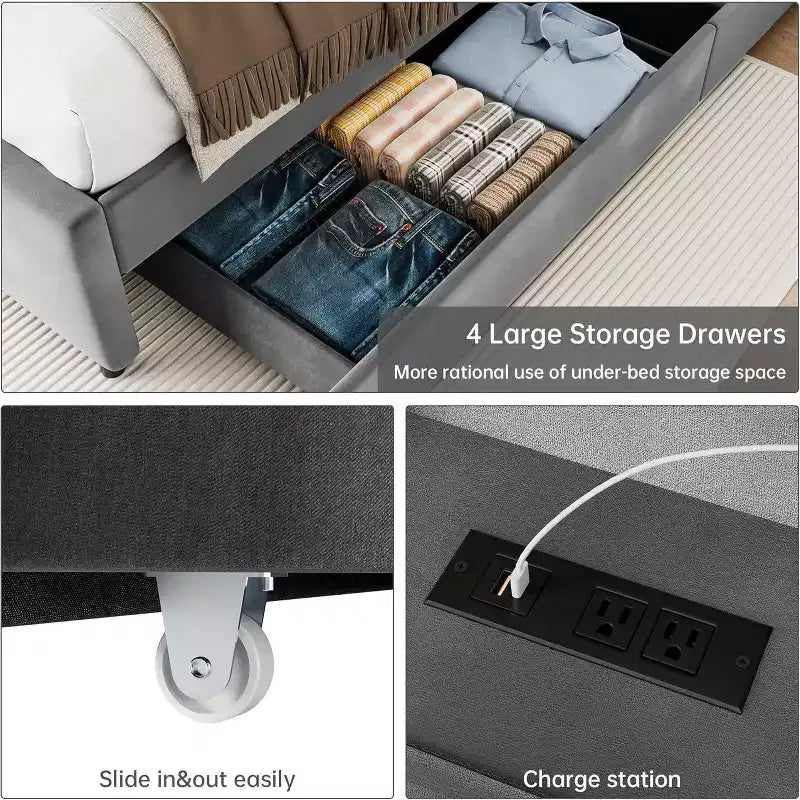 Queen Bed Frame, with Shelves and Charging Station, 4 Storage Drawers, Noiseless Sturdy Wooden Board Support, no Spring Box Required, Grey