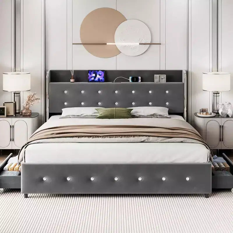 Queen Bed Frame, with Shelves and Charging Station, 4 Storage Drawers, Noiseless Sturdy Wooden Board Support, no Spring Box Required, Grey