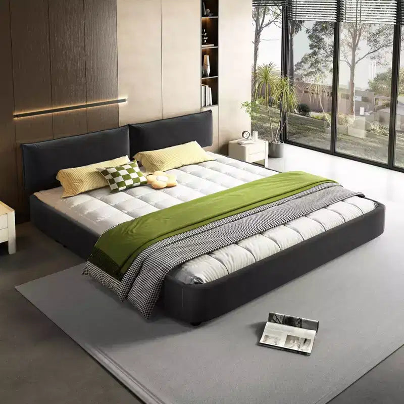 MAYEERTY King Size Cloud Bed Frame with Oversized Padded Movable Headboard, Round Corner, Metal Solid Wooden Slat Double Support Dark Gray