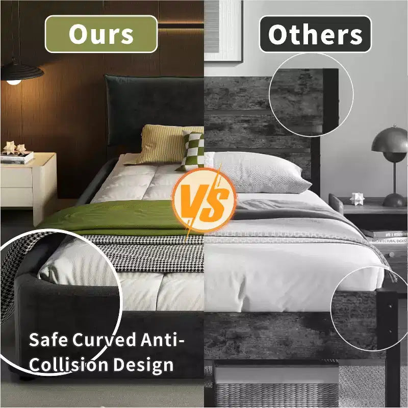 MAYEERTY King Size Cloud Bed Frame with Oversized Padded Movable Headboard, Round Corner, Metal Solid Wooden Slat Double Support Dark Gray