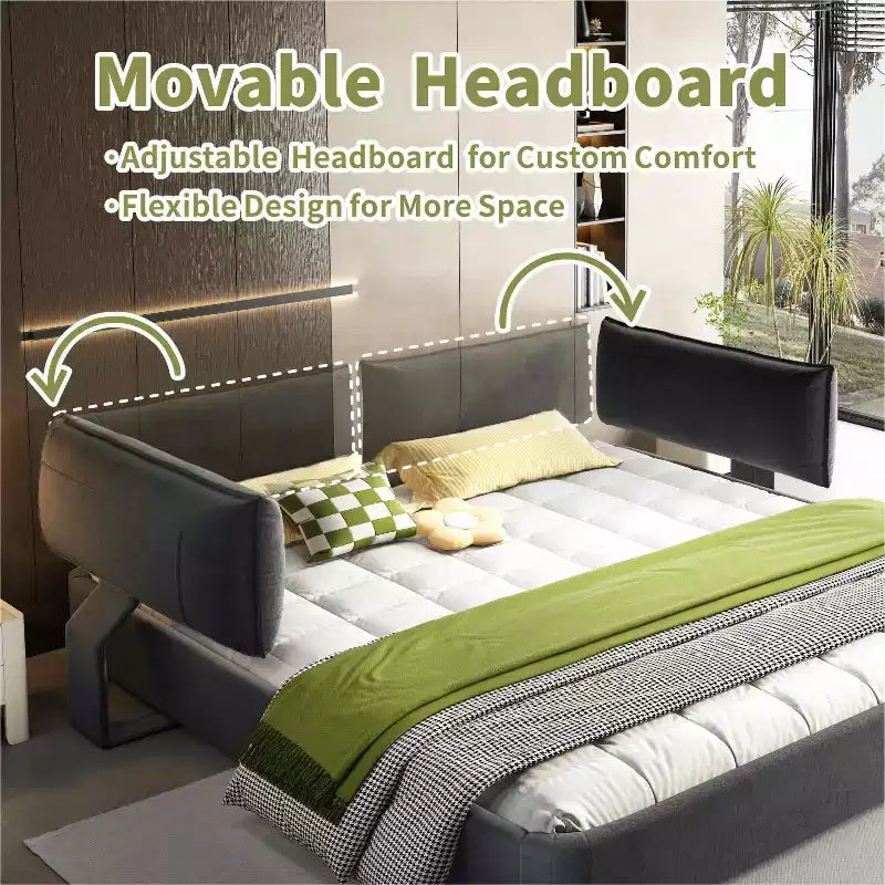 MAYEERTY King Size Cloud Bed Frame with Oversized Padded Movable Headboard, Round Corner, Metal Solid Wooden Slat Double Support Dark Gray