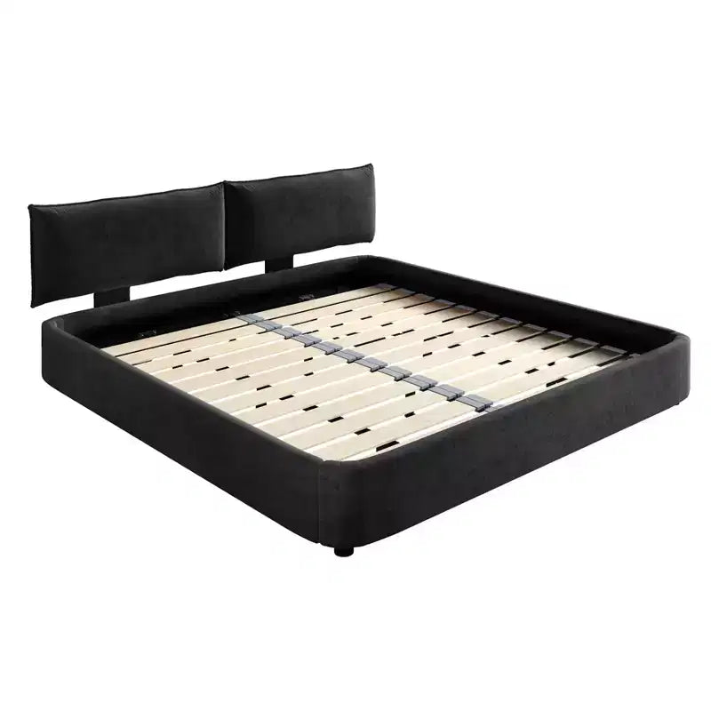 MAYEERTY King Size Cloud Bed Frame with Oversized Padded Movable Headboard, Round Corner, Metal Solid Wooden Slat Double Support Dark Gray