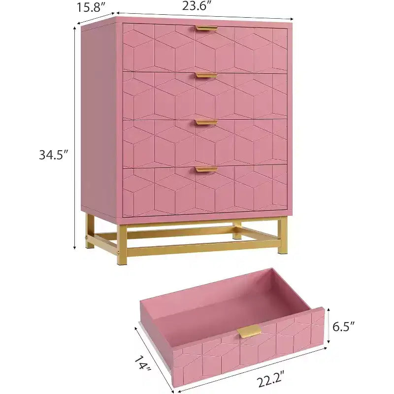 Pink Dresser for Bedroom, 4 Drawer Wooden Dresser with Gold Handles, Modern Storage Dressers & Chests of Drawers for Hallway, Entryway