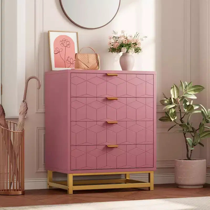 Pink Dresser for Bedroom, 4 Drawer Wooden Dresser with Gold Handles, Modern Storage Dressers & Chests of Drawers for Hallway, Entryway
