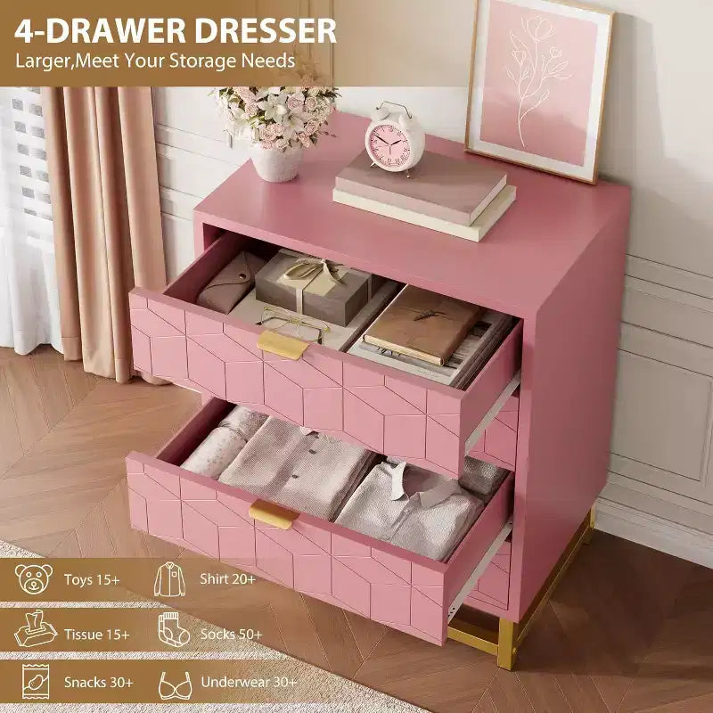 Pink Dresser for Bedroom, 4 Drawer Wooden Dresser with Gold Handles, Modern Storage Dressers & Chests of Drawers for Hallway, Entryway