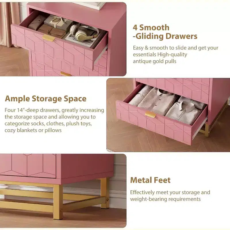 Pink Dresser for Bedroom, 4 Drawer Wooden Dresser with Gold Handles, Modern Storage Dressers & Chests of Drawers for Hallway, Entryway