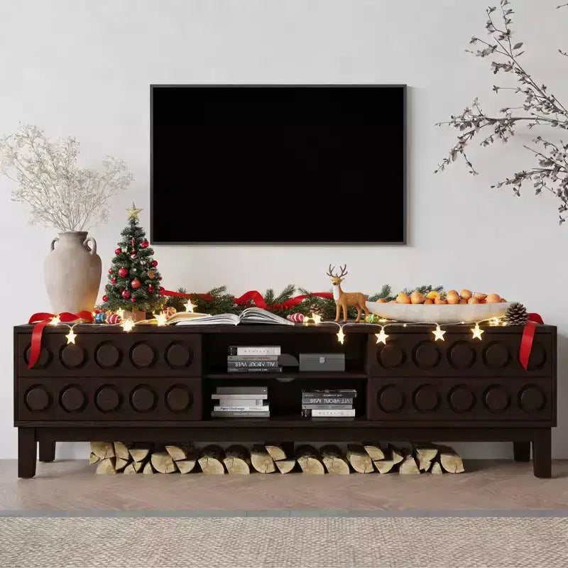 JVNOXK Modern Mid-Century Media Console with 4 Drawers,Cable Management, TV Console Table for TVs up to 75,for Living Room,Office(Dark Brown)