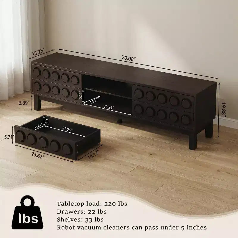 JVNOXK Modern Mid-Century Media Console with 4 Drawers,Cable Management, TV Console Table for TVs up to 75,for Living Room,Office(Dark Brown)