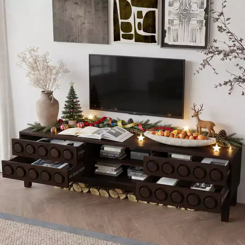 JVNOXK Modern Mid-Century Media Console with 4 Drawers,Cable Management, TV Console Table for TVs up to 75,for Living Room,Office(Dark Brown)