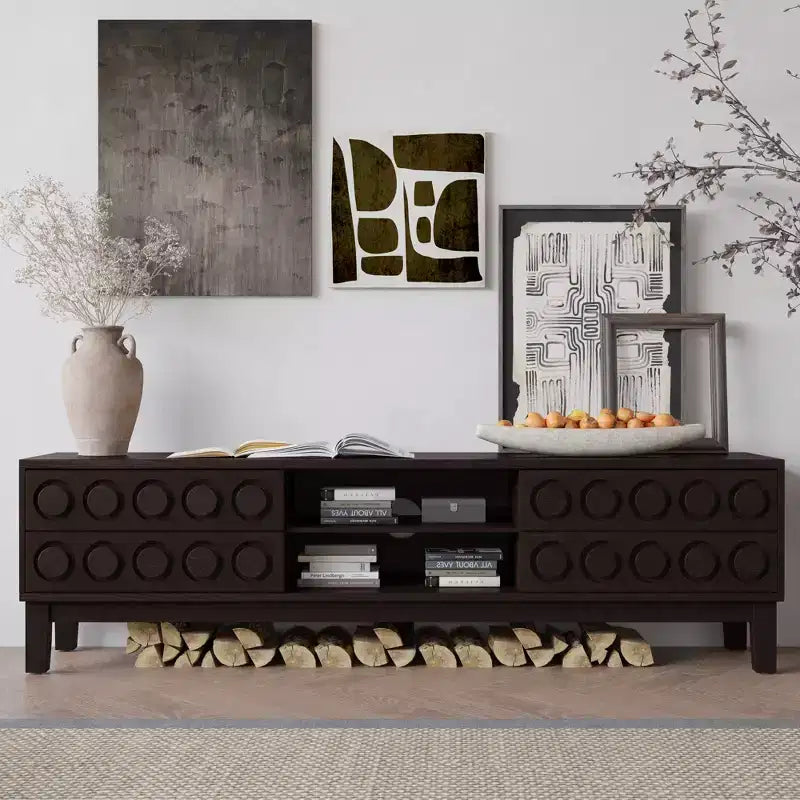 JVNOXK Modern Mid-Century Media Console with 4 Drawers,Cable Management, TV Console Table for TVs up to 75,for Living Room,Office(Dark Brown)