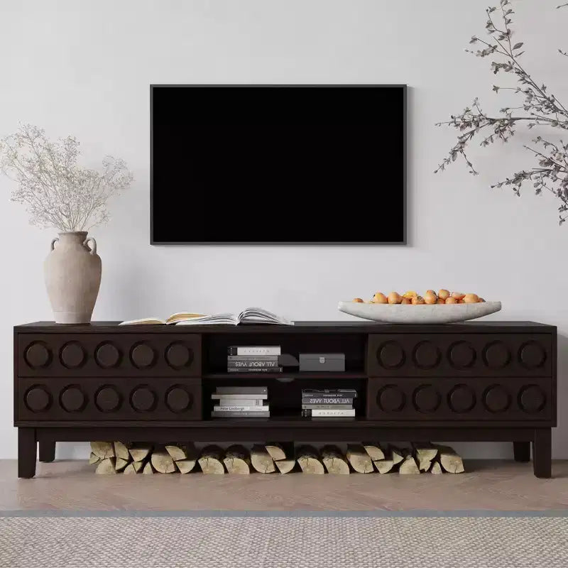 JVNOXK Modern Mid-Century Media Console with 4 Drawers,Cable Management, TV Console Table for TVs up to 75,for Living Room,Office(Dark Brown)