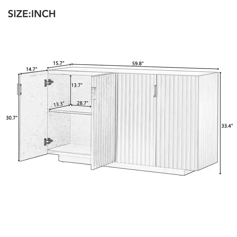 59.8'' Sideboard Cabinet with 4 Wavy Doors & Adjustable Shelves. Console Table for Entryway. Living Room. Dining Room. Kitchen