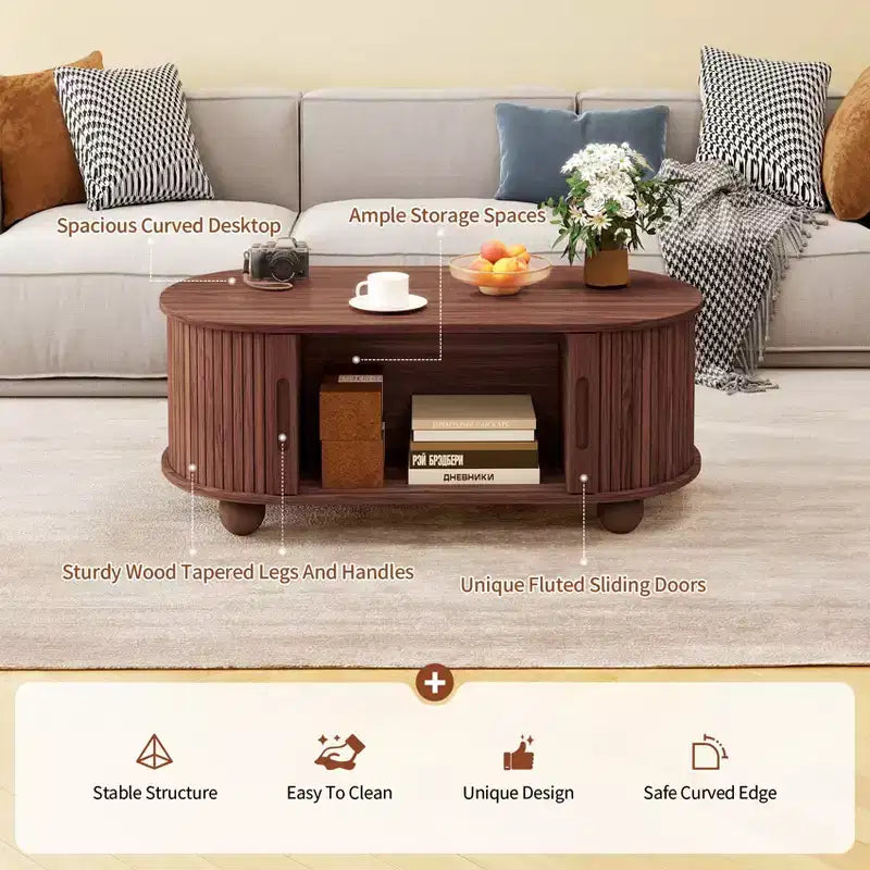 GDFStudio Laura Rustic Wooden Storage Coffee Table with Strip Sliding Door