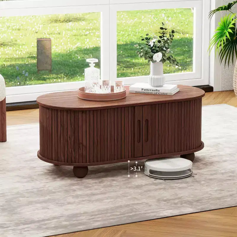 GDFStudio Laura Rustic Wooden Storage Coffee Table with Strip Sliding Door