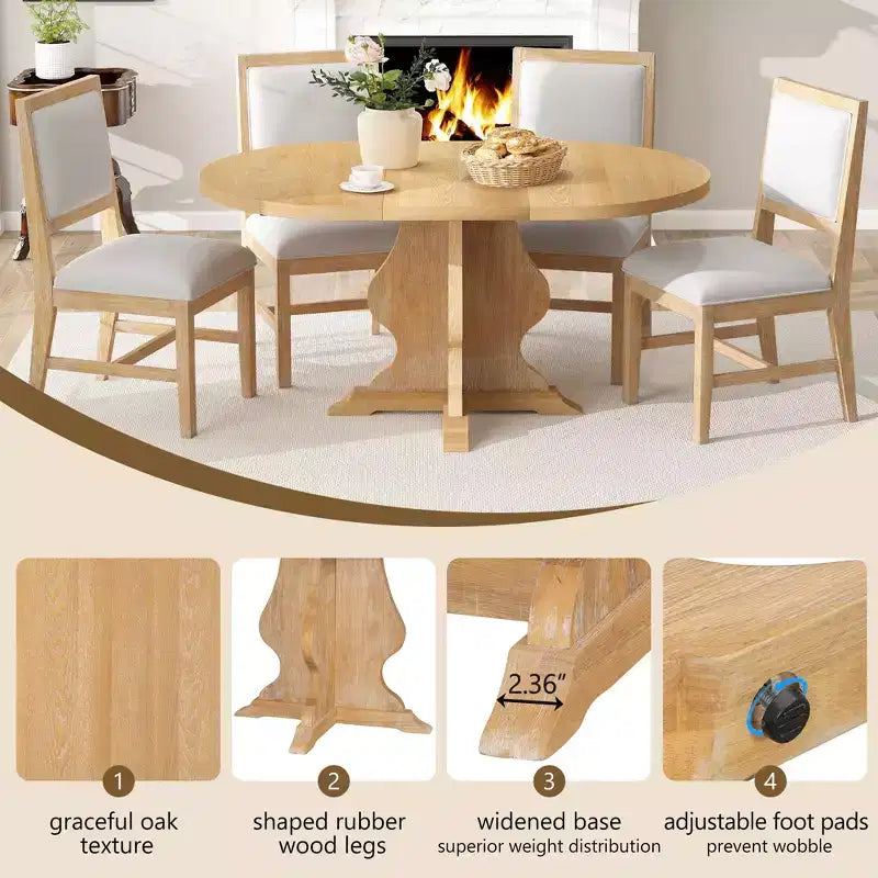GDFStudio Mandy Farmhouse 5-Piece Extendable Dining Table Set with Upholstered Chairs