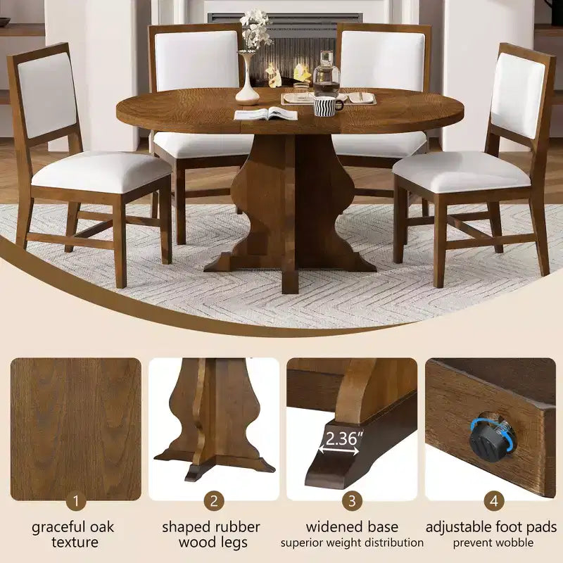 GDFStudio Mandy Farmhouse 5-Piece Extendable Dining Table Set with Upholstered Chairs