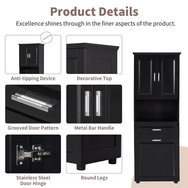 GDFStudio Nolan Modern Wood Tall Bathroom Storage Cabinet with Tilt-Out Laundry Hamper, Double-Door Cabinet, Upper Shelves and Drawer