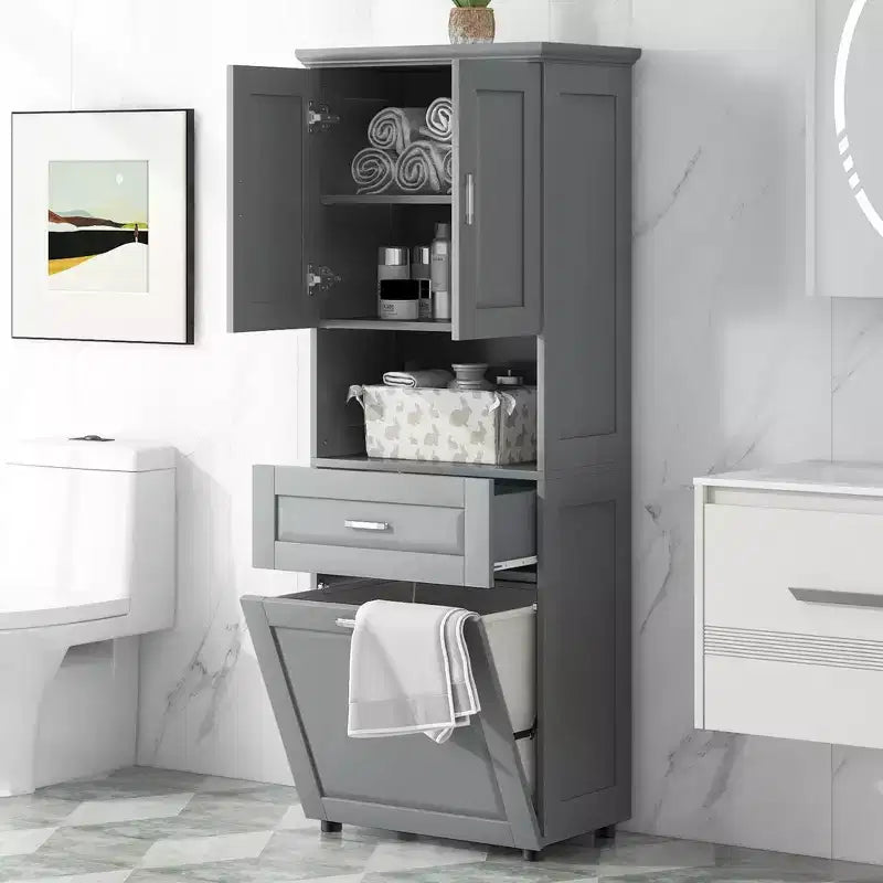 GDFStudio Nolan Modern Wood Tall Bathroom Storage Cabinet with Tilt-Out Laundry Hamper, Double-Door Cabinet, Upper Shelves and Drawer