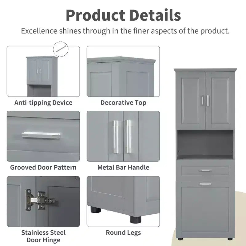 GDFStudio Nolan Modern Wood Tall Bathroom Storage Cabinet with Tilt-Out Laundry Hamper, Double-Door Cabinet, Upper Shelves and Drawer