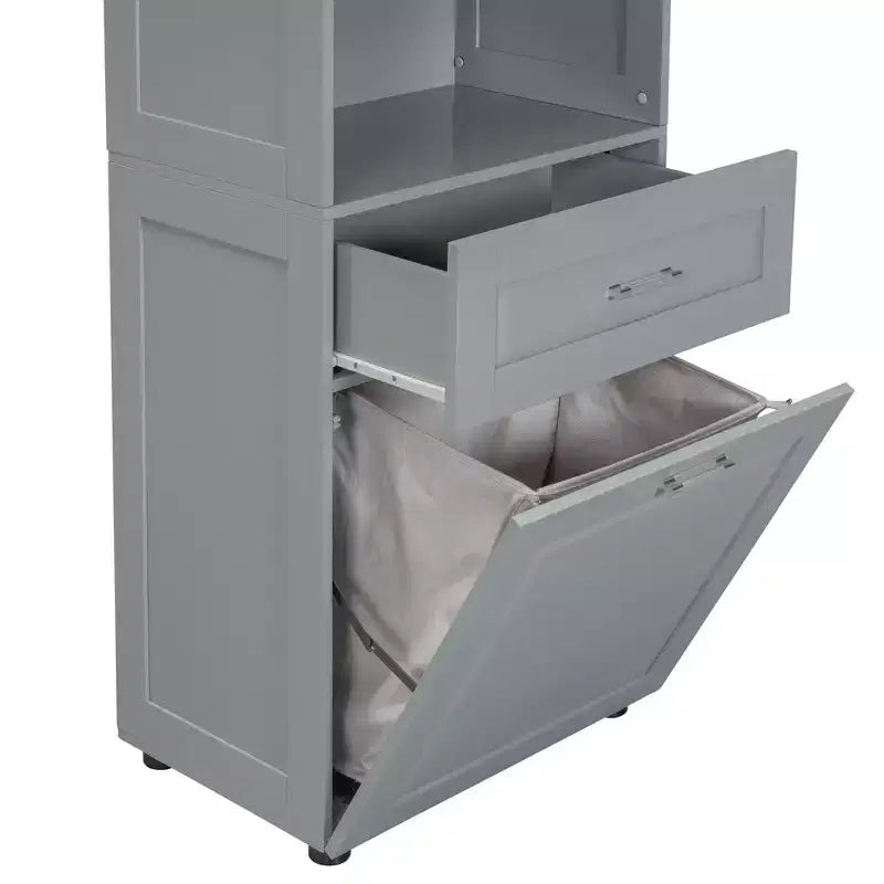 GDFStudio Nolan Modern Wood Tall Bathroom Storage Cabinet with Tilt-Out Laundry Hamper, Double-Door Cabinet, Upper Shelves and Drawer