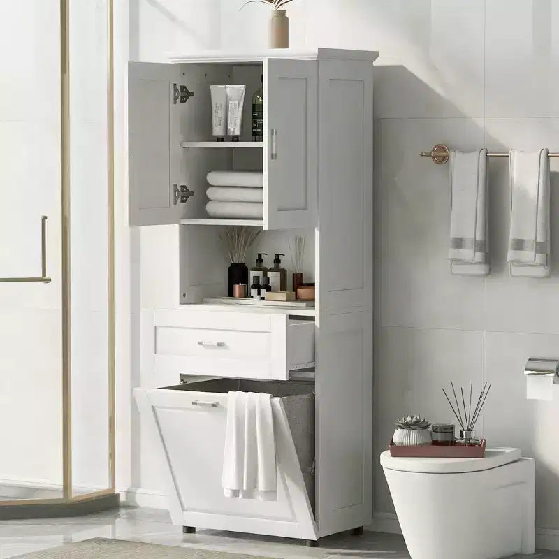 GDFStudio Nolan Modern Wood Tall Bathroom Storage Cabinet with Tilt-Out Laundry Hamper, Double-Door Cabinet, Upper Shelves and Drawer