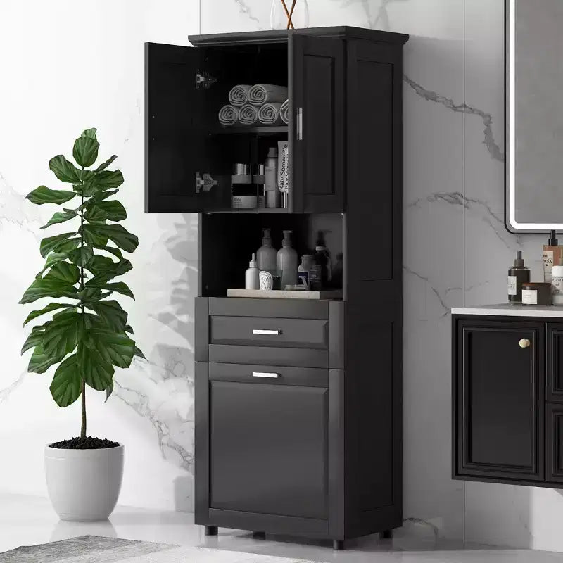 GDFStudio Nolan Modern Wood Tall Bathroom Storage Cabinet with Tilt-Out Laundry Hamper, Double-Door Cabinet, Upper Shelves and Drawer