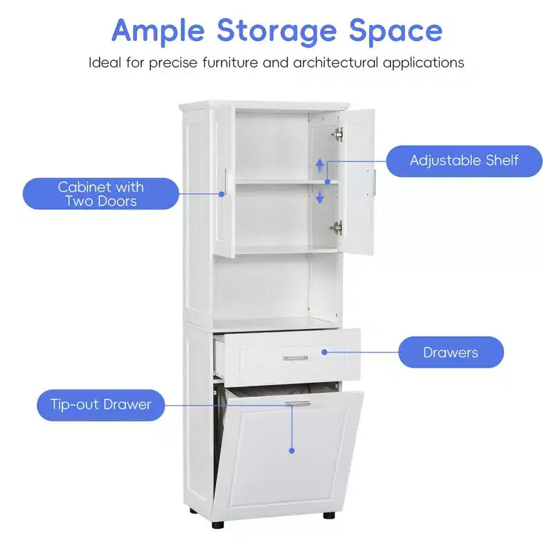 GDFStudio Nolan Modern Wood Tall Bathroom Storage Cabinet with Tilt-Out Laundry Hamper, Double-Door Cabinet, Upper Shelves and Drawer