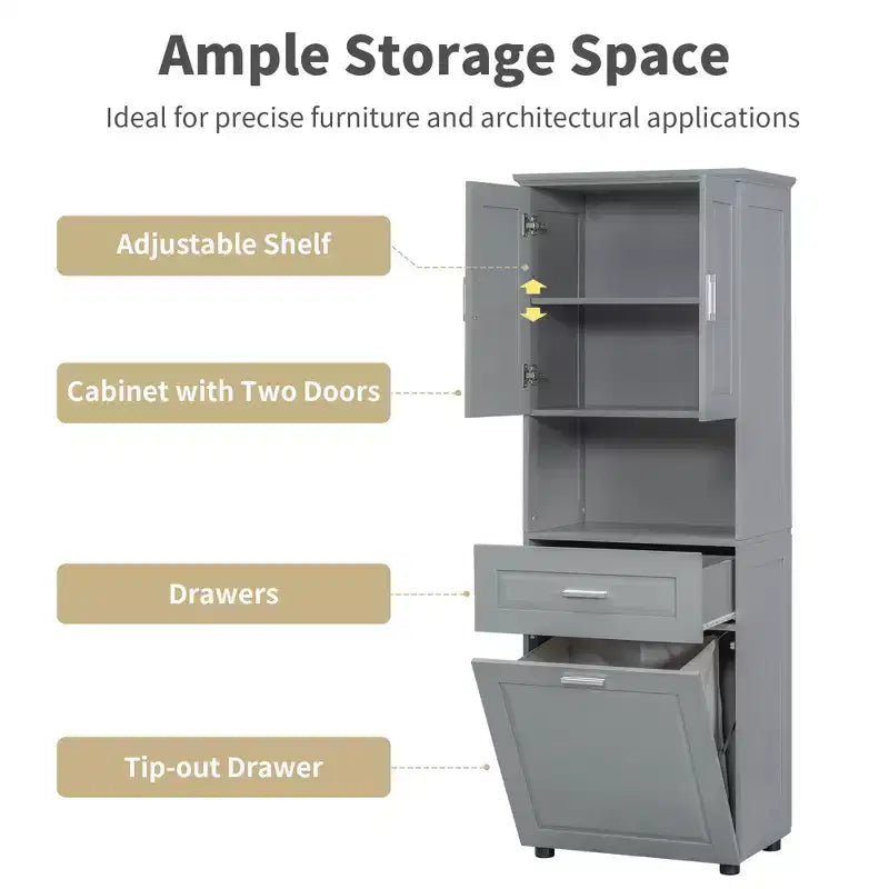 GDFStudio Nolan Modern Wood Tall Bathroom Storage Cabinet with Tilt-Out Laundry Hamper, Double-Door Cabinet, Upper Shelves and Drawer