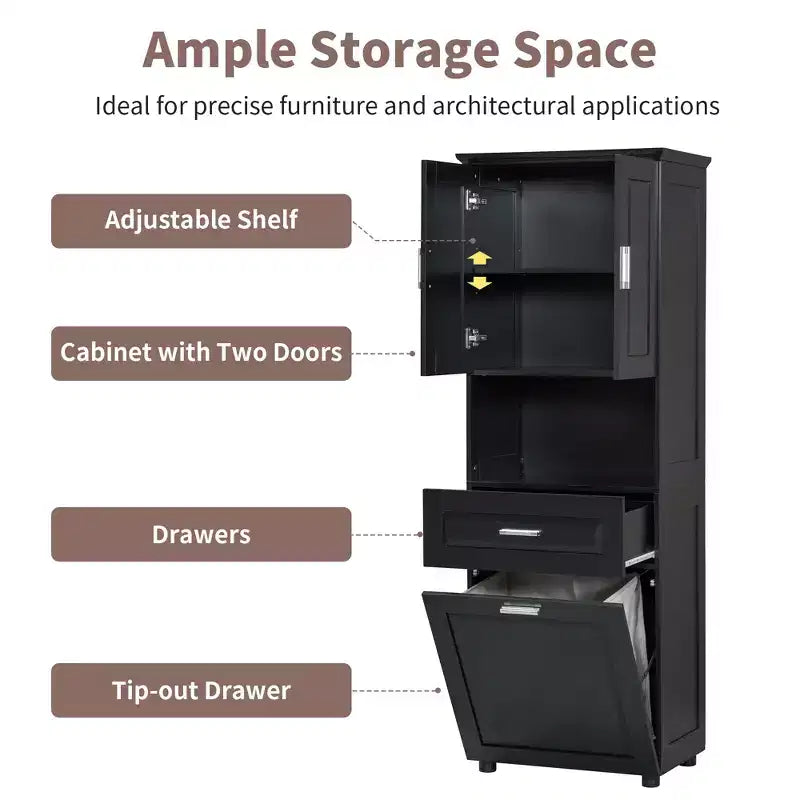 GDFStudio Nolan Modern Wood Tall Bathroom Storage Cabinet with Tilt-Out Laundry Hamper, Double-Door Cabinet, Upper Shelves and Drawer