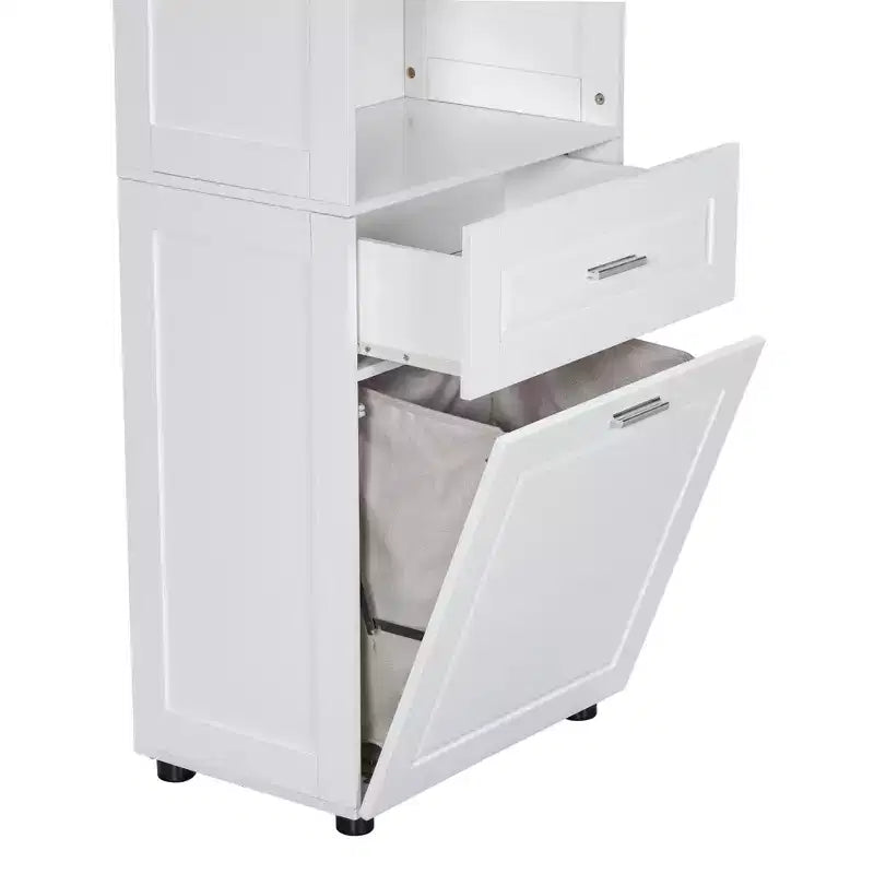GDFStudio Nolan Modern Wood Tall Bathroom Storage Cabinet with Tilt-Out Laundry Hamper, Double-Door Cabinet, Upper Shelves and Drawer
