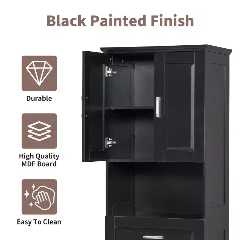 GDFStudio Nolan Modern Wood Tall Bathroom Storage Cabinet with Tilt-Out Laundry Hamper, Double-Door Cabinet, Upper Shelves and Drawer