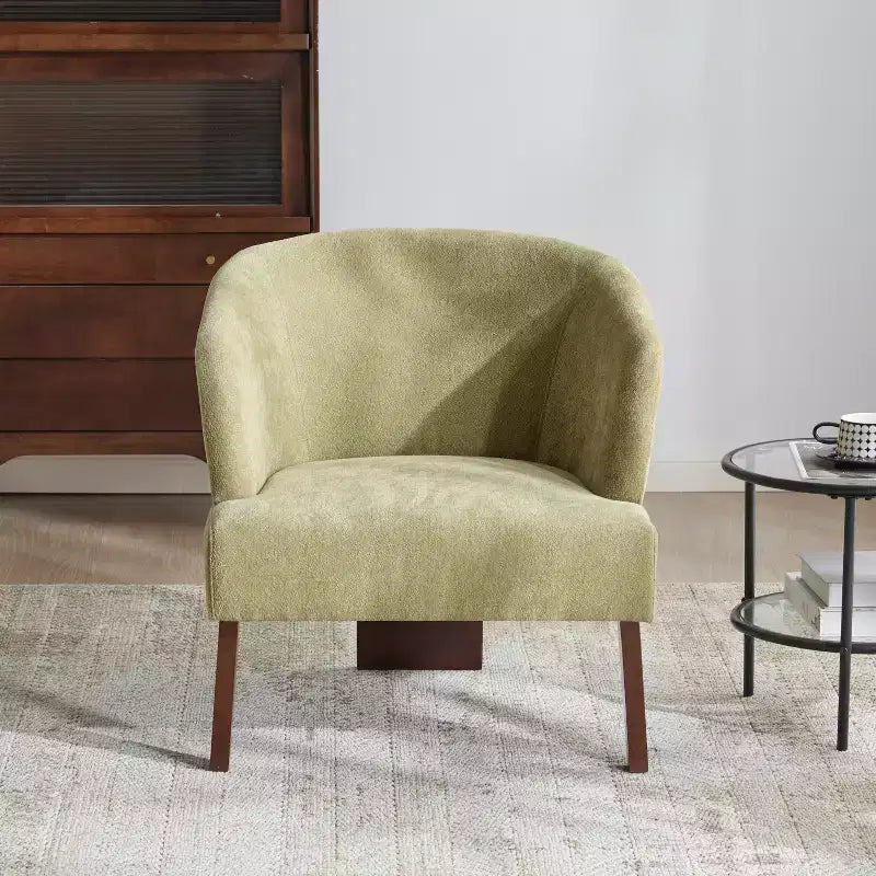 Modern Accent Chair with Round Back and Wooden Legs, Soft Fabric Upholstery, for Living Room or Office