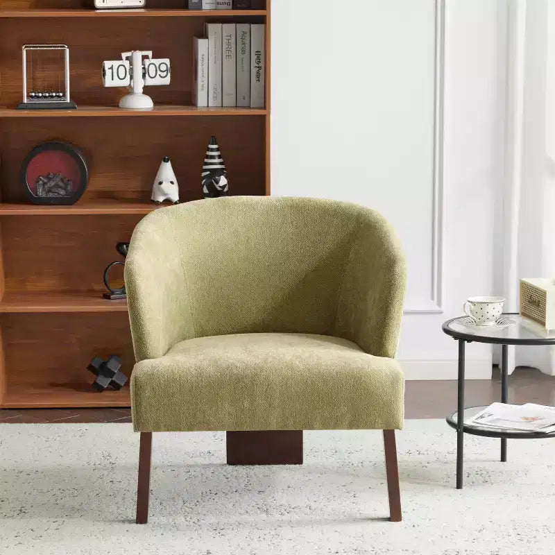 Modern Accent Chair with Round Back and Wooden Legs, Soft Fabric Upholstery, for Living Room or Office