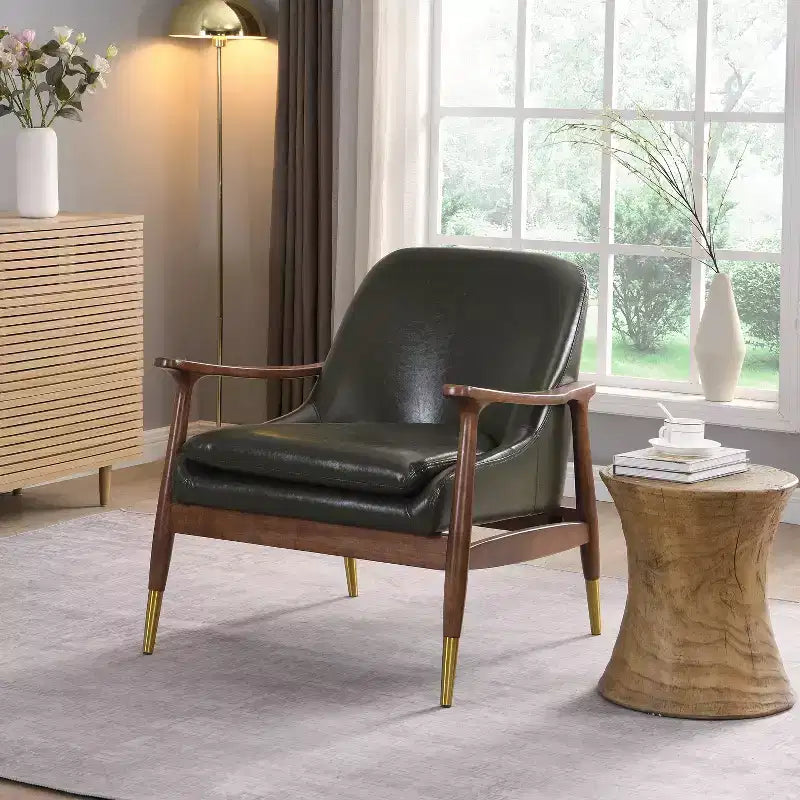 29.2-Inch Mid-Century Faux Leather Accent Chair with Brass-Tipped Legs, for Living Room or Office