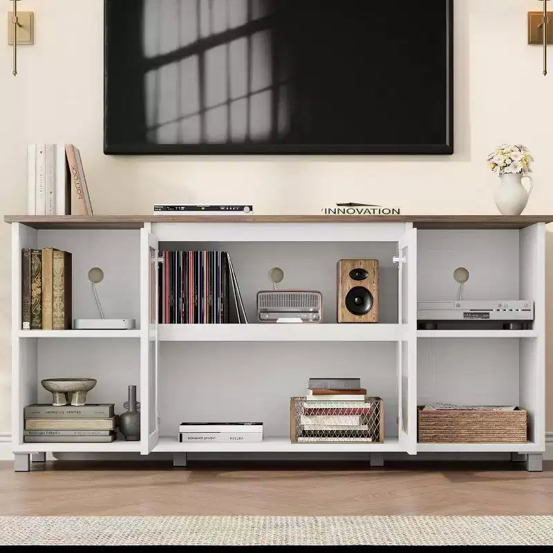 70 Rustic TV Stand - Entertainment Center with Corrugated Glass Cabinet Doors & Open Shelves, Media Console for Living Room (White & Dark Brown)