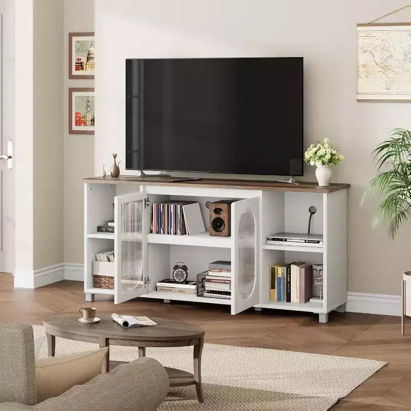 70 Rustic TV Stand - Entertainment Center with Corrugated Glass Cabinet Doors & Open Shelves, Media Console for Living Room (White & Dark Brown)
