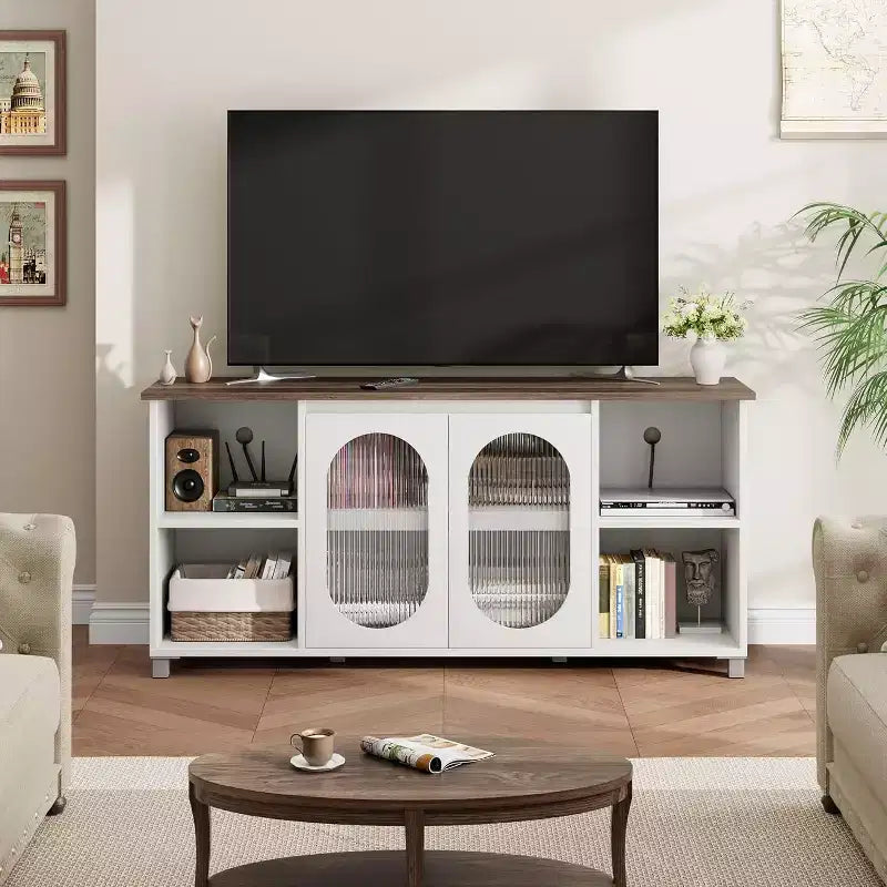 70 Rustic TV Stand - Entertainment Center with Corrugated Glass Cabinet Doors & Open Shelves, Media Console for Living Room (White & Dark Brown)