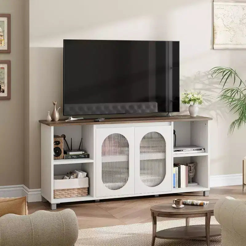 70 Rustic TV Stand - Entertainment Center with Corrugated Glass Cabinet Doors & Open Shelves, Media Console for Living Room (White & Dark Brown)