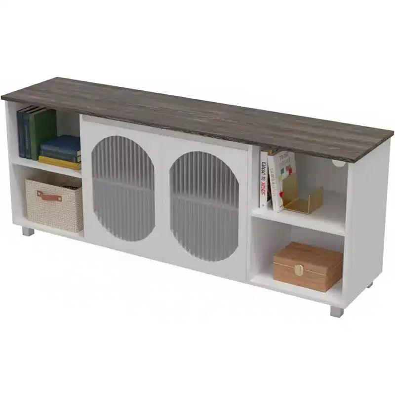 70 Rustic TV Stand - Entertainment Center with Corrugated Glass Cabinet Doors & Open Shelves, Media Console for Living Room (White & Dark Brown)