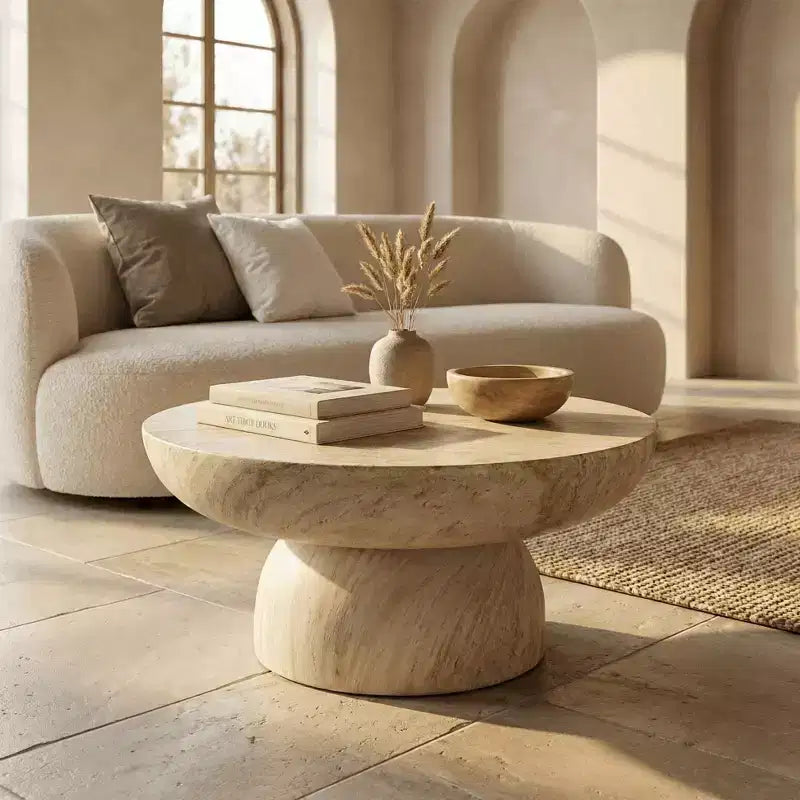 LeisureMod Lunexa Round Coffee Table  Fiberstone Pedestal Accent Table for Indoor or Outdoor Use, Sculpted Design with Anti-Slip Foot Pads