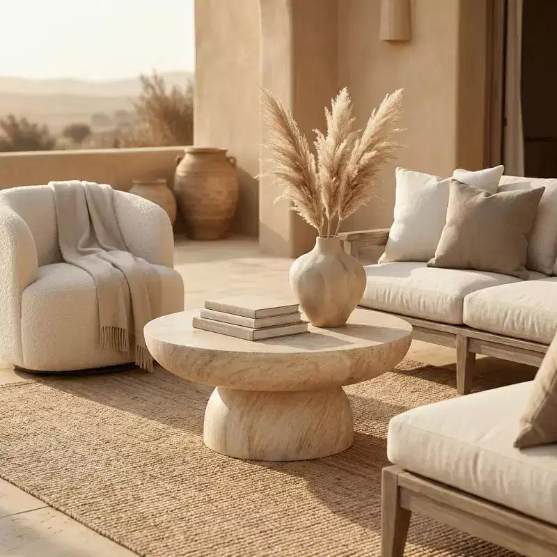 LeisureMod Lunexa Round Coffee Table  Fiberstone Pedestal Accent Table for Indoor or Outdoor Use, Sculpted Design with Anti-Slip Foot Pads