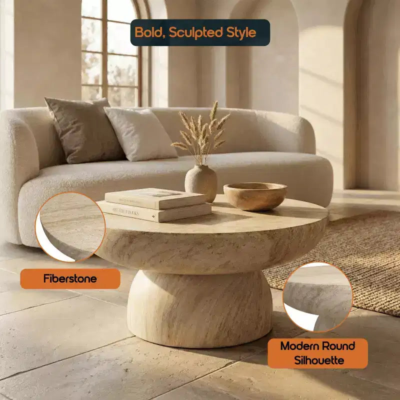LeisureMod Lunexa Round Coffee Table  Fiberstone Pedestal Accent Table for Indoor or Outdoor Use, Sculpted Design with Anti-Slip Foot Pads