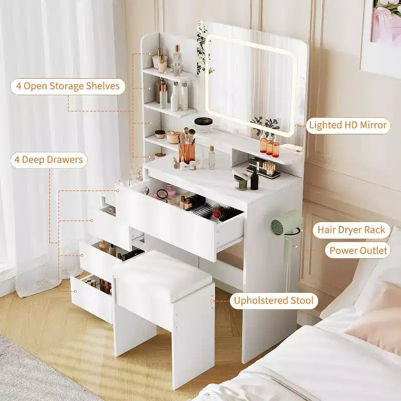 Modern Vanity Desk with LED Mirror & Adjustable Lighting, 36-Inch Makeup Table with 4 Drawers, Storage Shelves, Power Outlet, USB Ports,for Bedroom