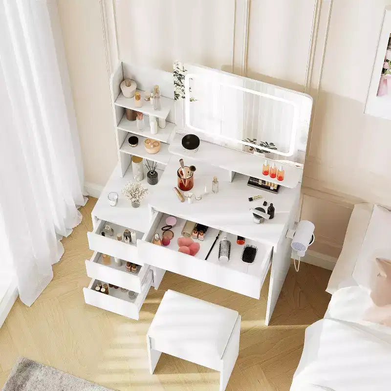 Modern Vanity Desk with LED Mirror & Adjustable Lighting, 36-Inch Makeup Table with 4 Drawers, Storage Shelves, Power Outlet, USB Ports,for Bedroom