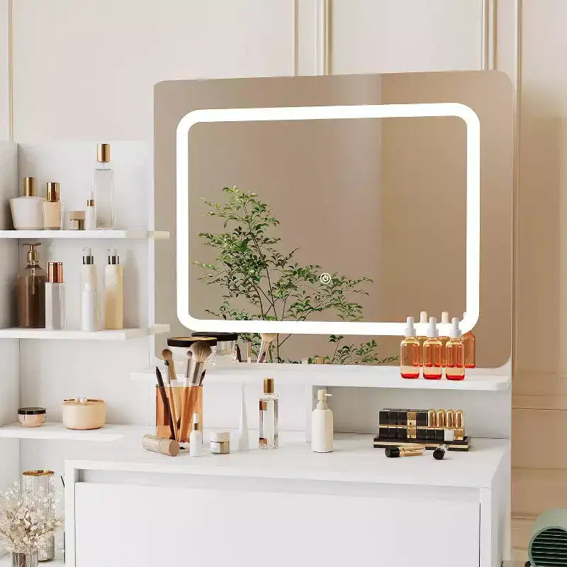 Modern Vanity Desk with LED Mirror & Adjustable Lighting, 36-Inch Makeup Table with 4 Drawers, Storage Shelves, Power Outlet, USB Ports,for Bedroom