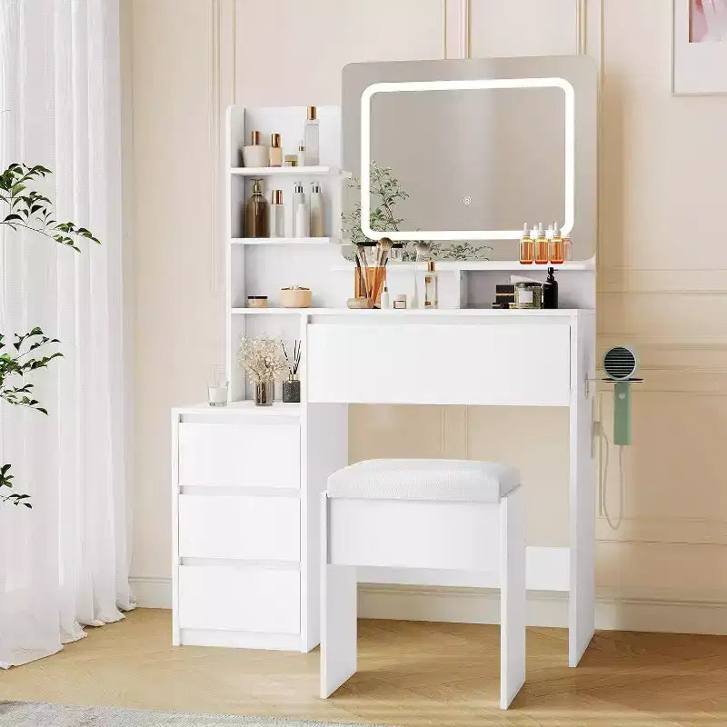 Modern Vanity Desk with LED Mirror & Adjustable Lighting, 36-Inch Makeup Table with 4 Drawers, Storage Shelves, Power Outlet, USB Ports,for Bedroom